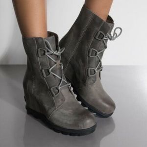 Grey Sorel Joan of Arctic wedge booties